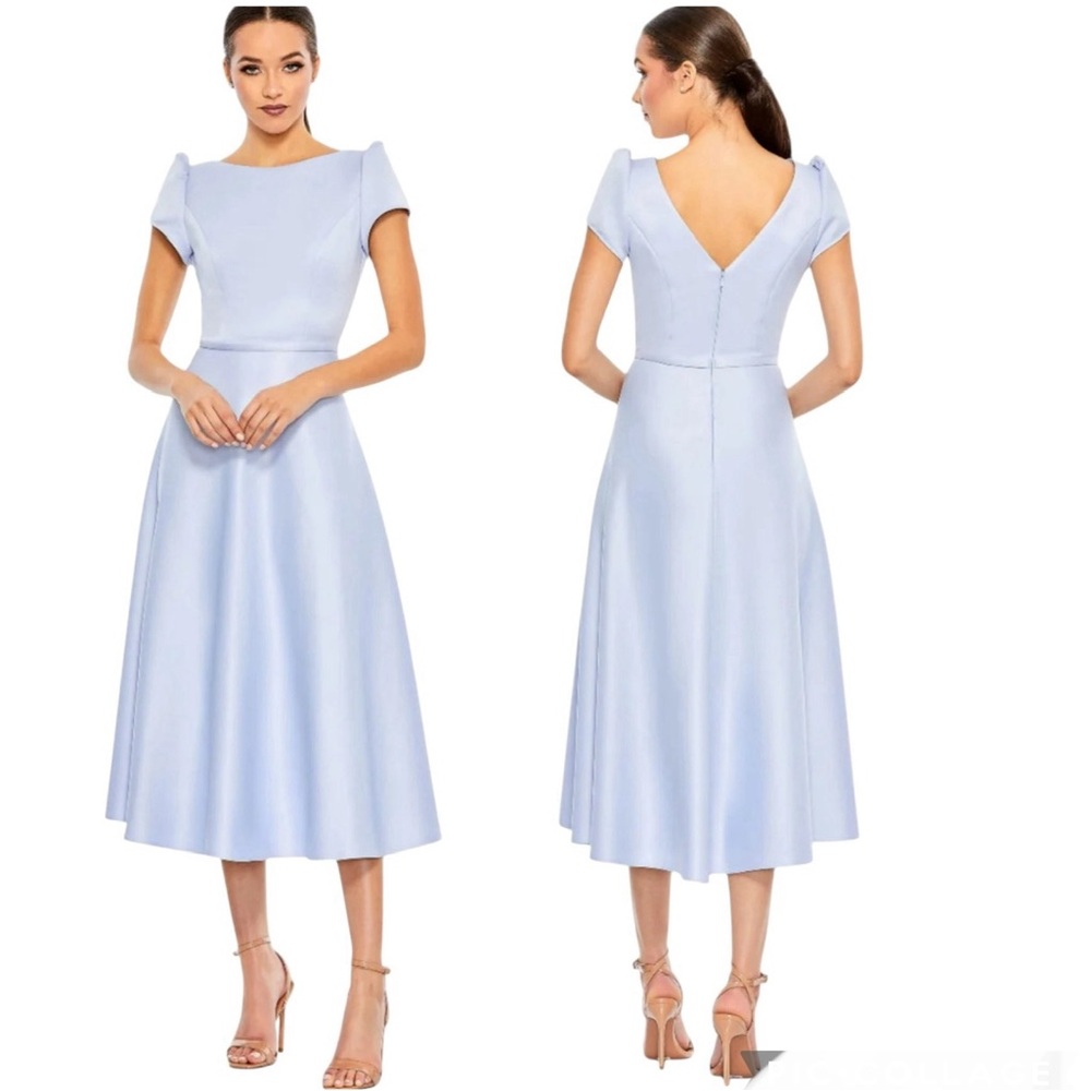 Ieena for Mac Duggal Blue Satin Puff Shoulder Tea Length Dress Size 14